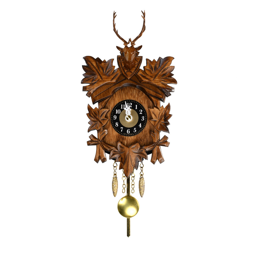 Traditional Carved Black Forest Quartz Mini Cuckoo Clock with 5 Leaves and Stag Head