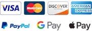 payment methods: Visa, Master Card, Discover, American Express, Pay Pal, Google Pay, Apple Pay