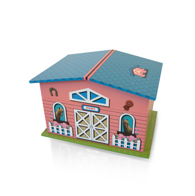 Adorable Pink and Blue Pony Farmhouse with Spinning Pony Music Jewelry Box