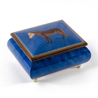 Royal Blue Horse Inlay 18 Note Handcrafted Musical Jewelry Box