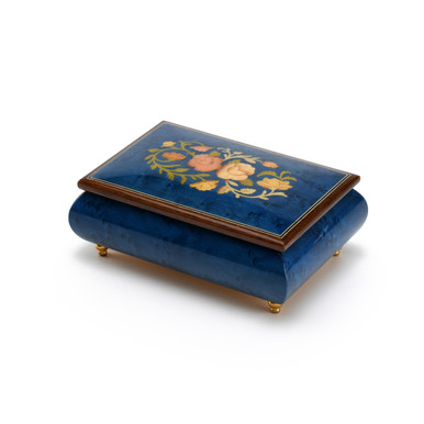 Remarkable 23 Note Dark Blue Floral Theme Wood Inlay Musical Jewelry Box