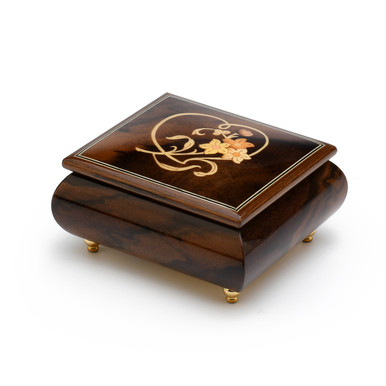 Delightful 18 Note Warm Wood Tone Musical Jewelry Box with Floral and Heart Outline Inlay