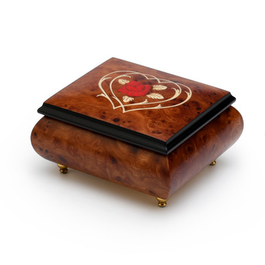 Harmonious 18-Note Musical Jewelry Box with Heart and Double Flower Outline Wood Inlay