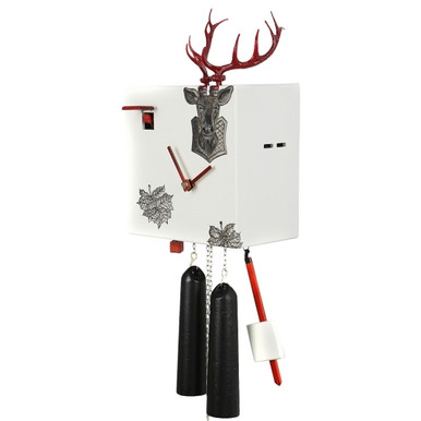 Modern VDS Certified 8 Day Black Stag Head in White with Red Accents Romba Art Cuckoo Clock by Rombach and Haas