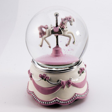 Adorable Animated Carousel Horse Water Globe with Pink Ribbon and Roses Base