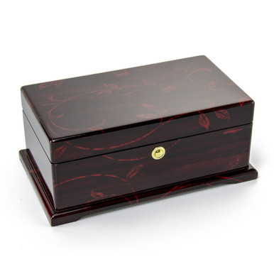 Contemporary 18 Note Dark Rosewood Musical Jewelry Box with Subtle Floral Motifs