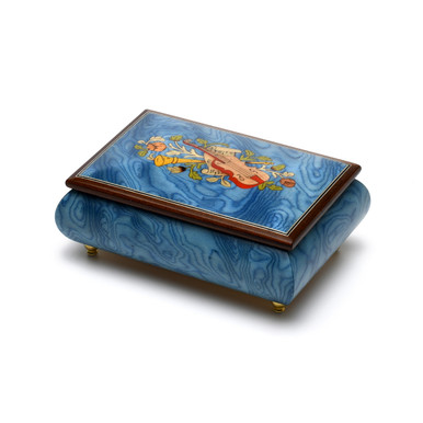 Gorgeous Handcrafted 23 Note Light Blue Musical Instrument Theme Wood Inlay Music Box