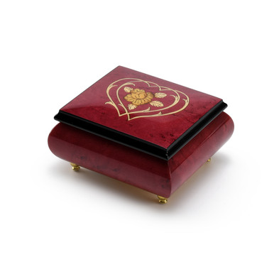 Charming 18 Note Red Wine Double Heart and Flower Sorrento Inlaid Music Box