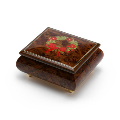 Handcrafted 18 Note Sorrento Music Box with Christmas Theme Wood Inlay of a Christmas Wreath