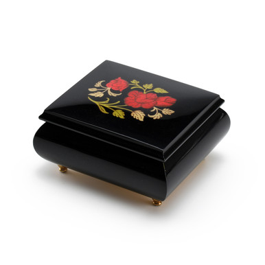 Enchanting 18 Note Midnight Black with Red Rose Wood Glossy Sorrento Inlaid Music Box