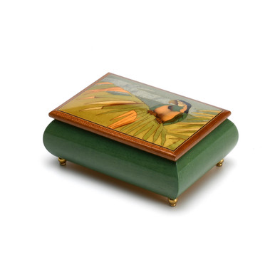 Tropical Parrot on a Palm Leaf Wood Inlay Musical Jewelry Box