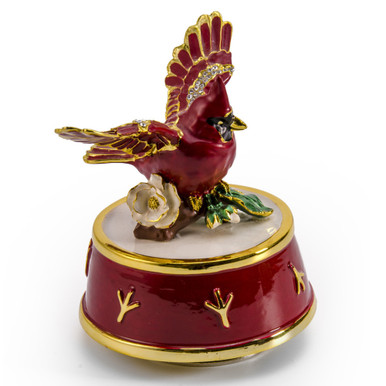 Jeweled Cardinal Bird with Red and Gold Accents Rotating Musical Keepsake
