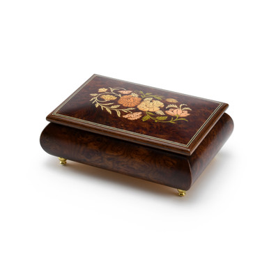 Remarkable 23 Note Solid Burl-Elm Floral Theme Wood Inlay Musical Jewelry Box