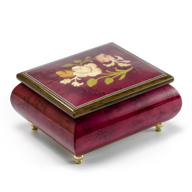 Radiant 18 Note Red Wine Music Jewelry Box with a Floral Wood Inlay Design