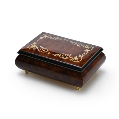 Contemporary Wood Tone Music Box with an Arabesque Wood Inlay Design