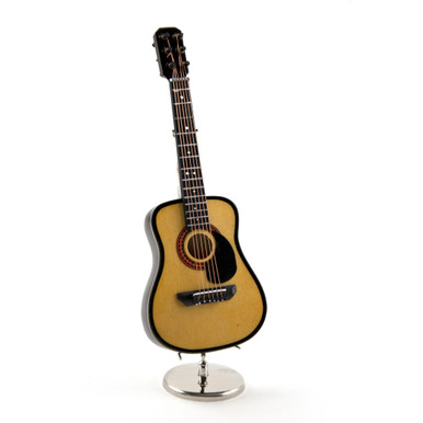 A Miniature Replica of a Light Wood Tone Steel-String Acoustic Guitar With Stand & Case
