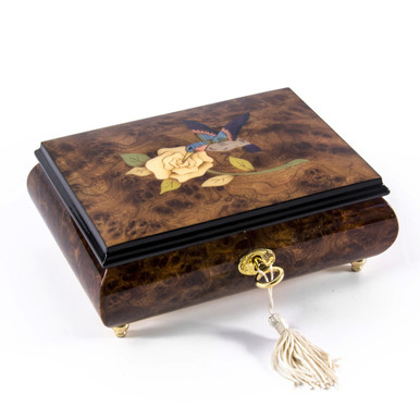 Gorgeous Hummingbird and White Rose Wood Inlay 18 Note Musical Jewelry Box