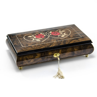 Romantic Walnut Tone Double Red Rose and Heart Musical Jewelry Box