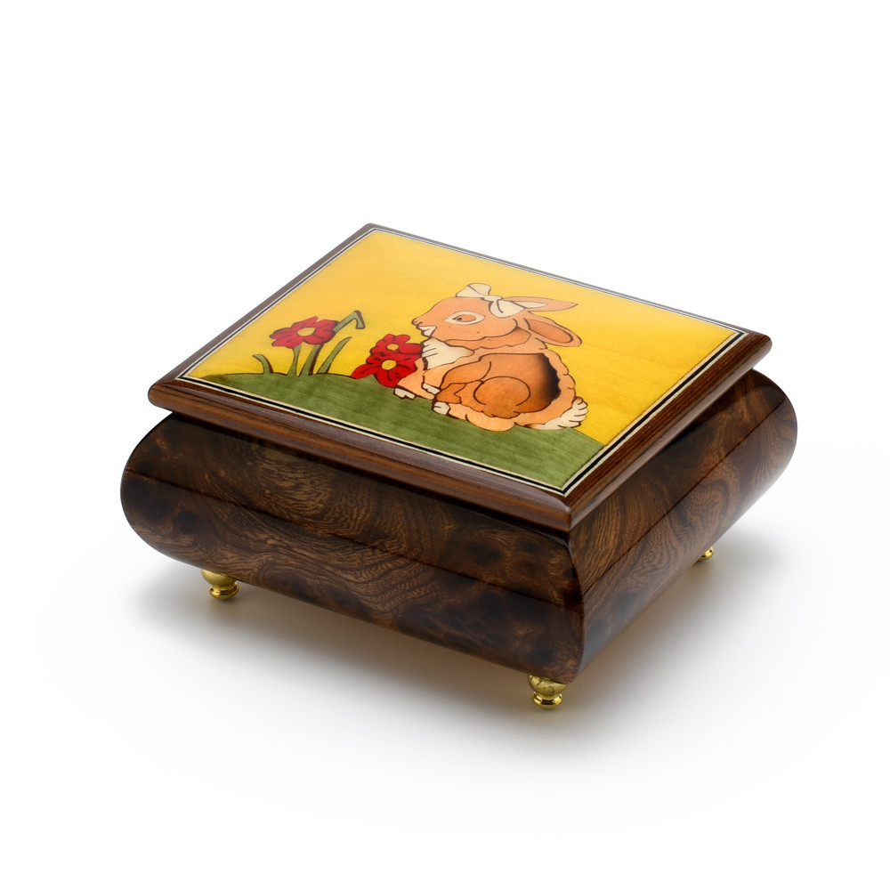 Image of Adorable 18 Note Handcrafted Italian Musical Jewelry Box with Girl Bunny with Bow Inlay