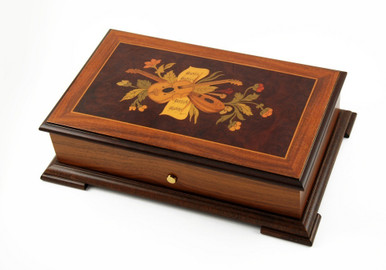 Traditional 72 Note Swiss Music Box with Music Instruments and Flower Inlay