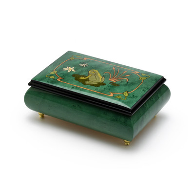 Brilliant Green Stain Musical Jewelry Box with Frog on Lily Pad with Fireflies Wood Inlay
