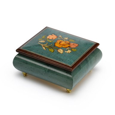 18-Note Forest Green Jewelry Music Box with Floral Wood Inlay