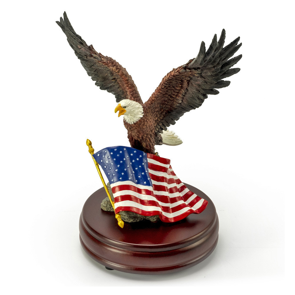 Image of American Bald Eagle with American Flag on Wooden Base Musical Figurine
