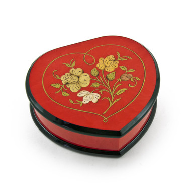 Elegant 23 Note Cherry Red Heart Shaped Music Jewelry Box with Floral in Heart Frame Inlay