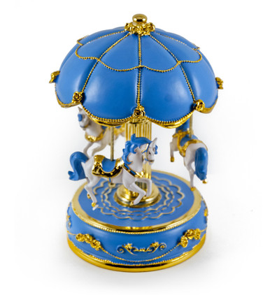 Exquisite World's Fair Style Blue Canopy With Gold Accents Animated Musical Carousel