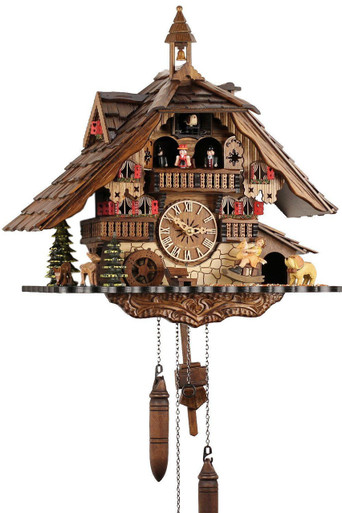 Black Forest Chalet Style Musical 1 Day Cuckoo Clock with Bell Tower and Beer Drinker