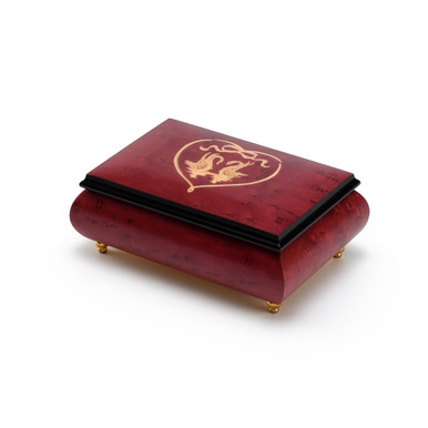 Romantic Red-Wine Swans in Heart Outline Sorrento Inlaid Music Box