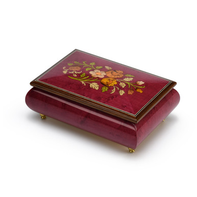 Remarkable 18-Note Red Wine Floral Theme Wood Inlay Musical Jewelry Box