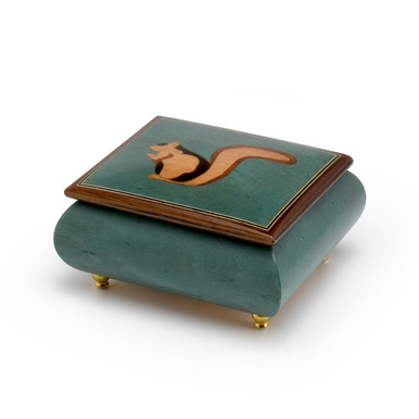 Forest Green Adorable Squirrel Wood Inlay 18 Note Musical Jewelry Box