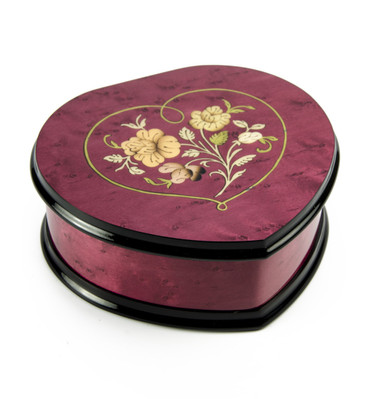 Elegant Cherry Red Heart Shaped Music Jewelry Box with Floral in Heart Frame Inlay Design