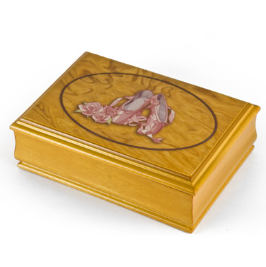 Light Wood Tone 18 Note Ballerina Pointe Shoe Design Musical Jewelry Box