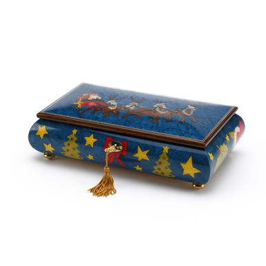 Jolly Santa Clause in Sleigh with Reindeers Wood Inlay 30 Note Christmas Musical Jewelry Box