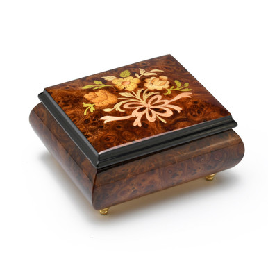 Natural 18 Note Burl Elm Italian Music Box with Flowers and Ribbon Inlay