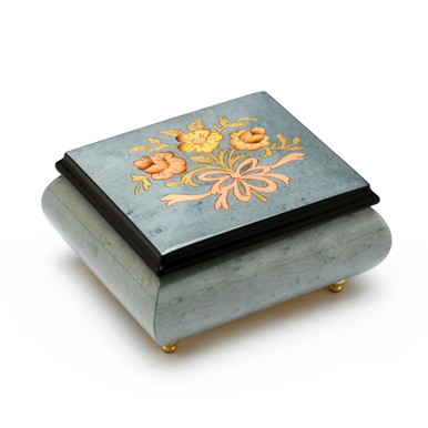 Gorgeous 18 Note Light Blue Stain Music Box with Flowers and Ribbon Inlay