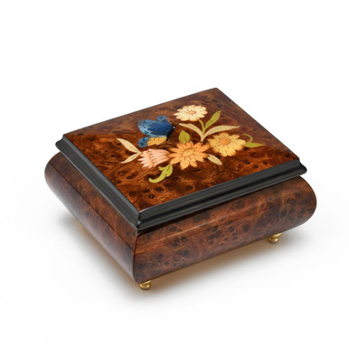 Adorable 18 Note Wood Stain Music Box with Butterfly and Flower Inlay