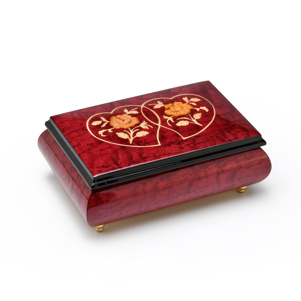 Image of Hand Made Red Wine Double Heart and Roses 18 Note Music Jewelry Box