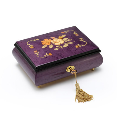 Gorgeous Handcrafted Purple 18 Note Music Jewelry Box with Traditional Floral Inlay