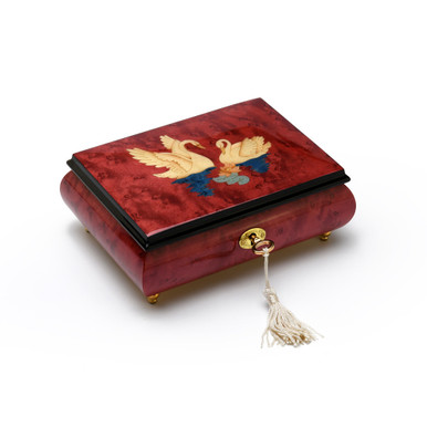 Radiant Handcrafted Italian 18 Note Red Wine Music Box with Swans Wood Inlay