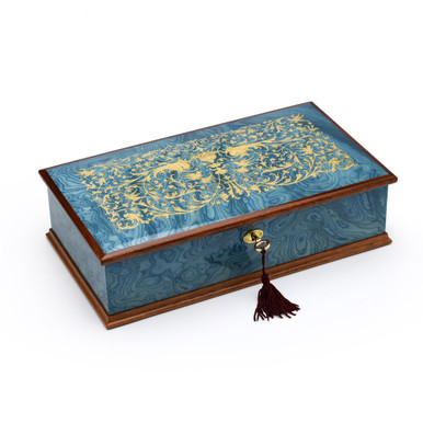 Gorgeous Italian Sea Blue 23 Note Grand Arabesque Wood Inlay Musical Jewelry Box