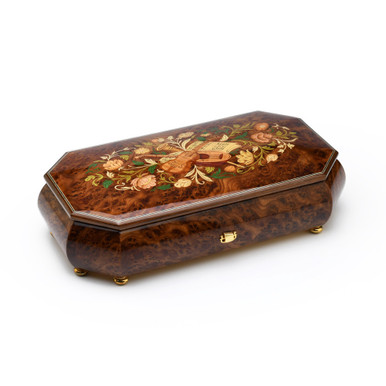 Burl-Elm Grand Italian Swiss 72 Note Musical Instrument Theme Wood Inlay Music Box