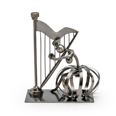 Handcrafted Metal Musician with Harp Figurine