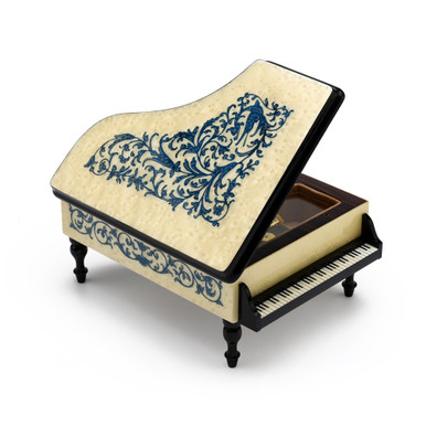 Ornate 18 Note White Grand Piano with Blue Arabesque Inlay Music Box