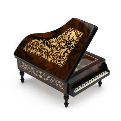 Ornate 18 Note Walnut Finish Grand Piano with Arabesque Inlay Music Box