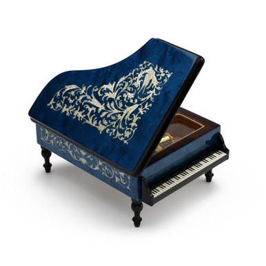 Incredible Full All Around Inlay 23 Note Royal Blue Grand Piano Arabesque Inlay Music Box