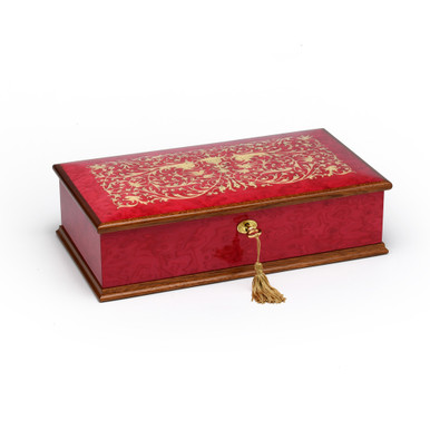 Beautiful 36 Note Red Wine Grand Italian Arabesque Wood Inlay Musical Jewelry Box