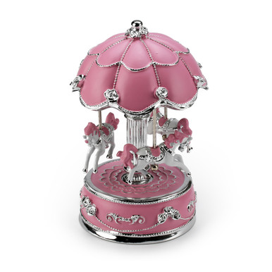 Exquisite World's Fair Style Pink Canopy With Silver Accents Animated Musical Carousel